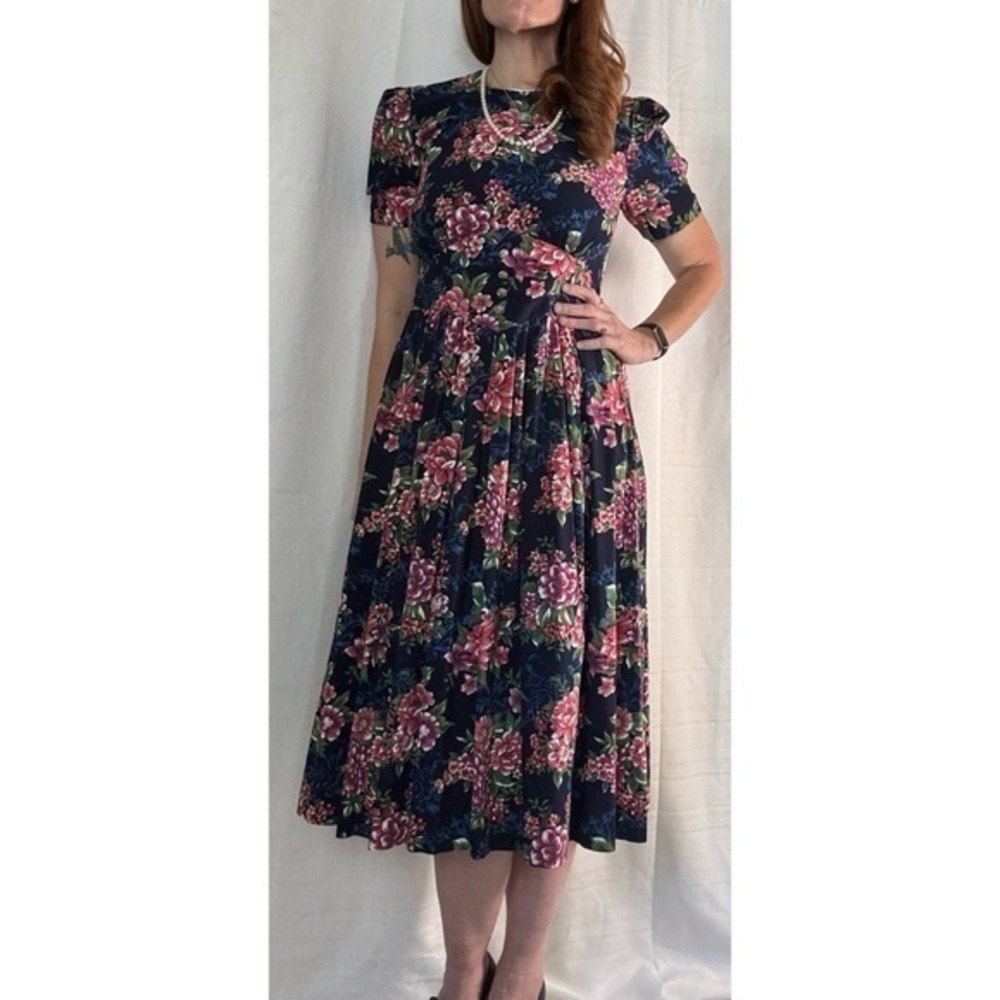 Vintage 90’s ‘Miss Darby’ Blue Floral Puff Sleeve A-line Midi Dress
